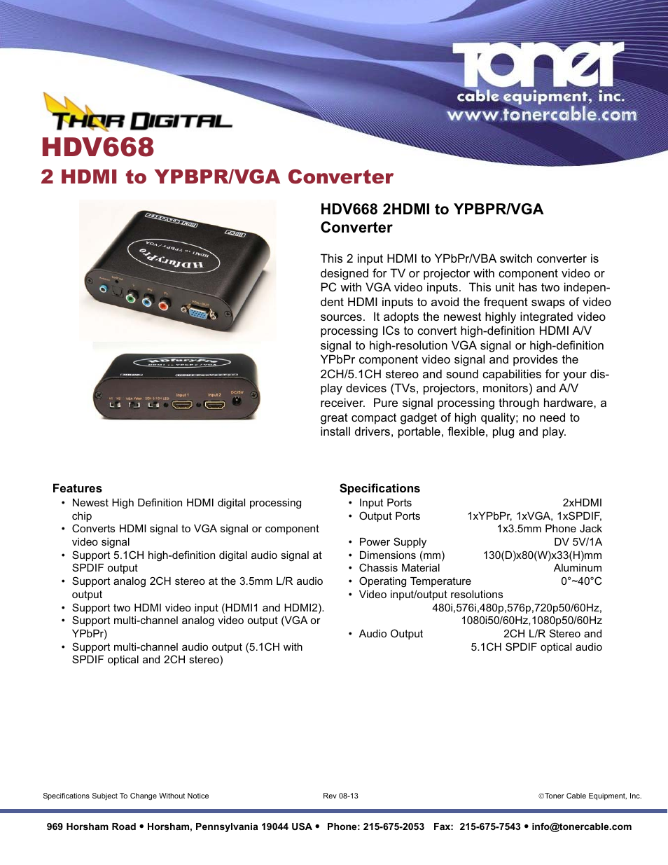 Toner Cable HDV668 2HDMI to YPBPR_VGA Converter User Manual | 1 page