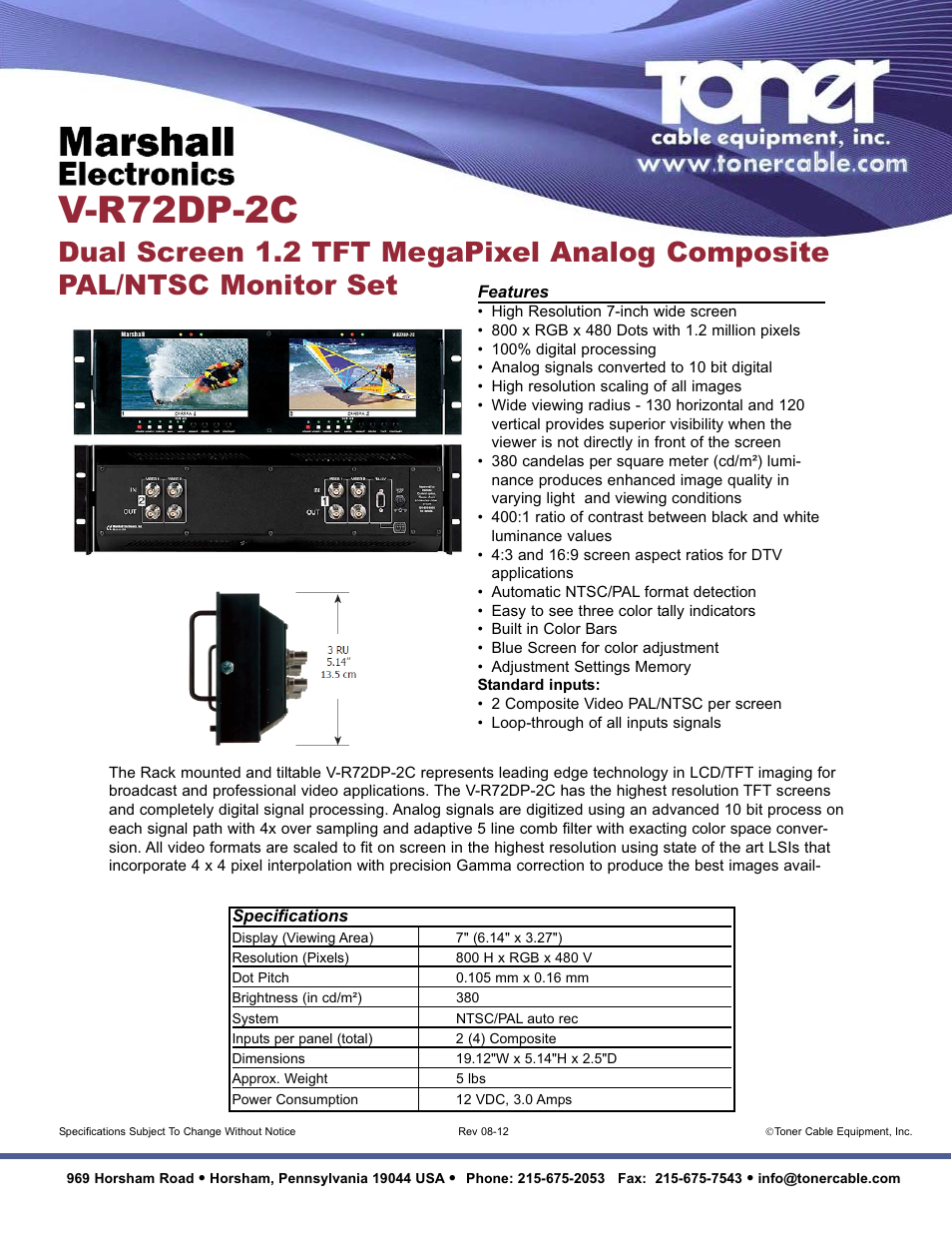 Toner Cable V-R72DP-2C Dual Screen 1.2 TFT MegaPixel Analog Composite PAL_NTSC Monitor Set User Manual | 1 page