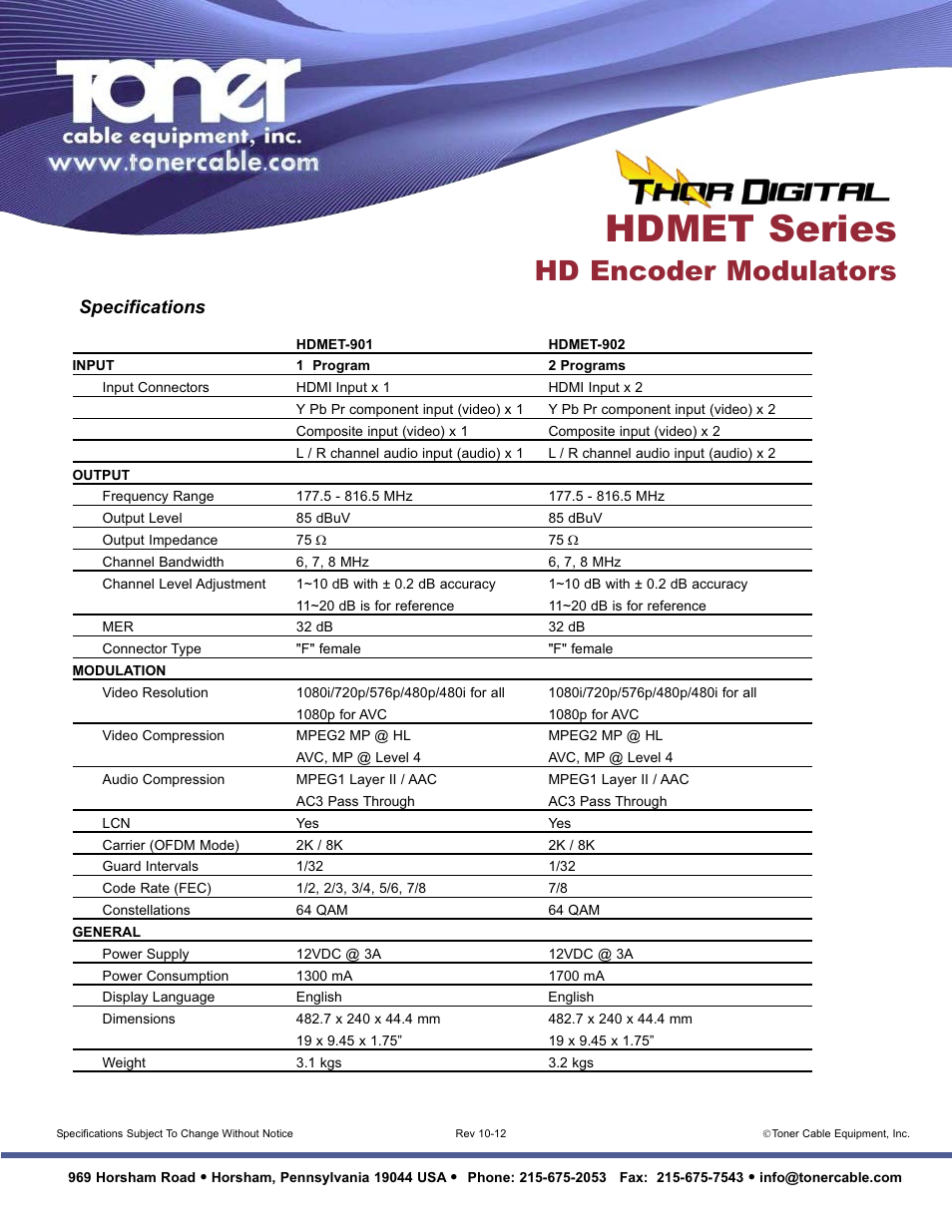 Hd met series, Hd encoder modulator s, Specifications | Toner Cable HDMET Series HD Encoder _ COFDM Modulators User Manual | Page 2 / 2