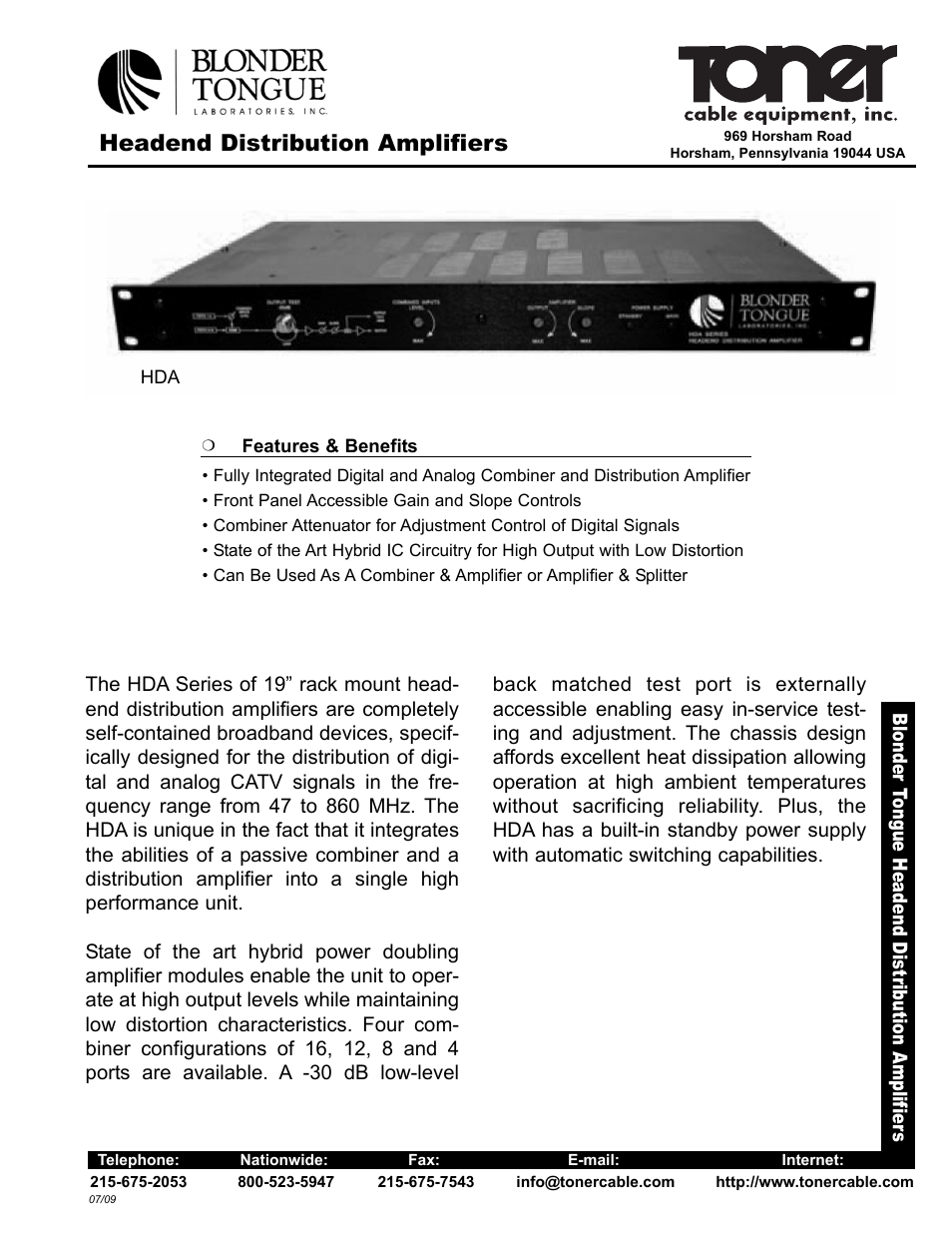 Toner Cable HDA Headend Distribution Amplifiers User Manual | 2 pages