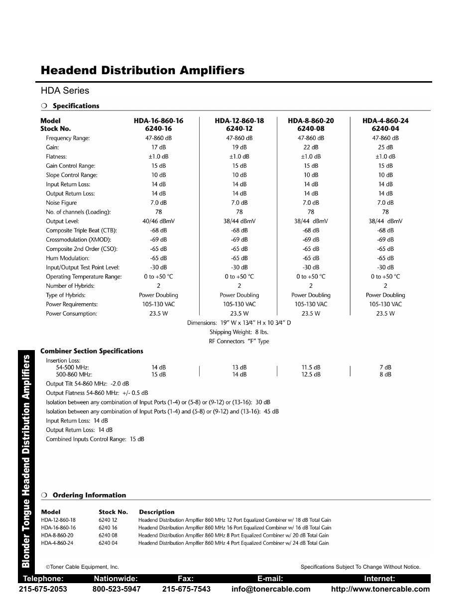 Headend distribution amplifiers, Blonder t ongue headend distribution amplifier s | Toner Cable HDA Headend Distribution Amplifiers User Manual | Page 2 / 2