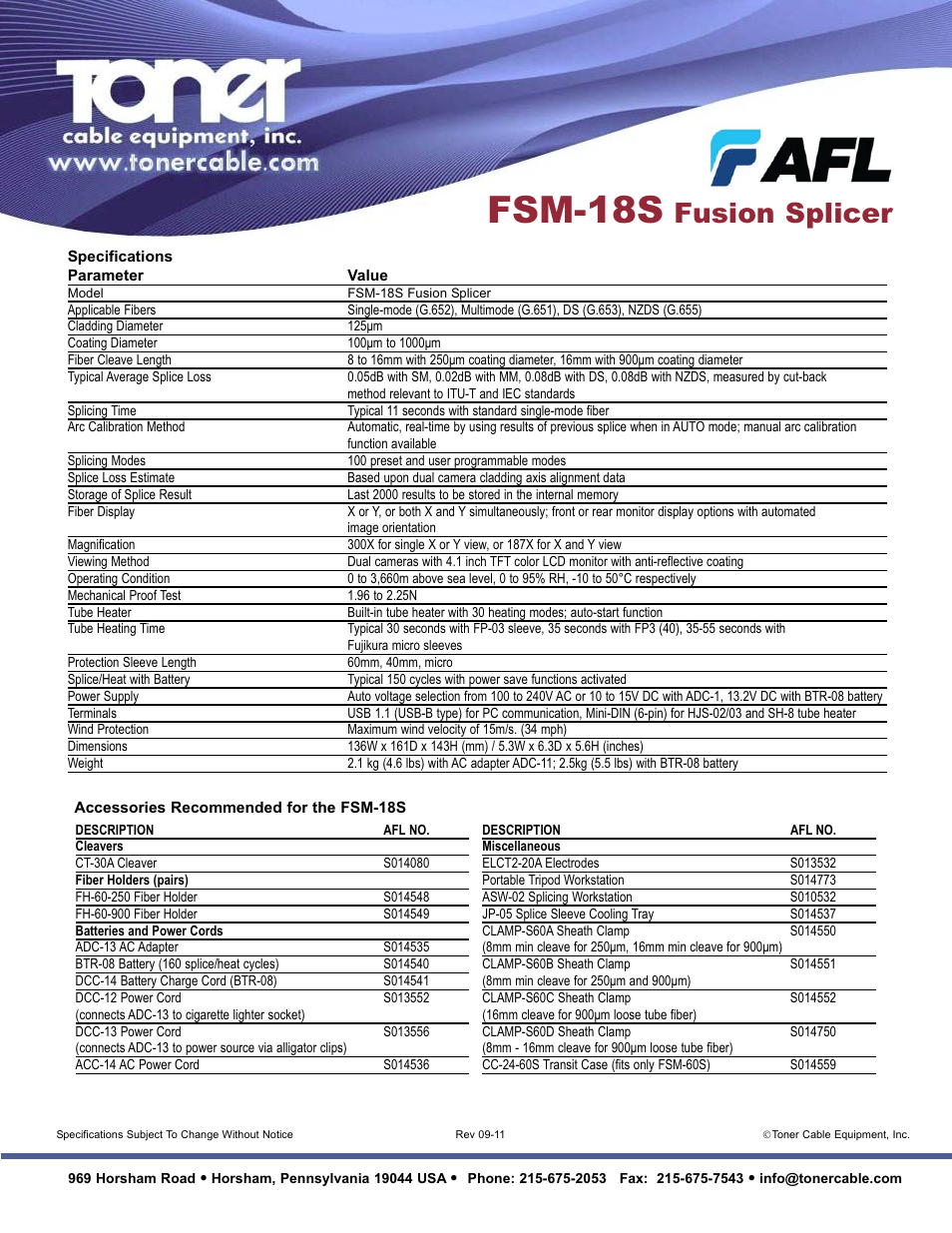 Fsm-18s, Fusion splicer | Toner Cable FSM-18S Fusion Splicer User Manual | Page 2 / 2