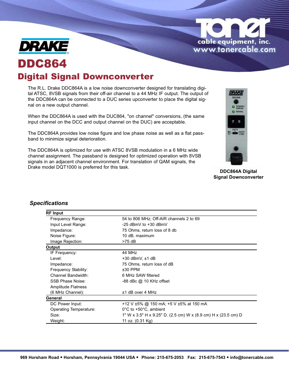 Toner Cable DDC864A Digital Signal Downconverter User Manual | 1 page