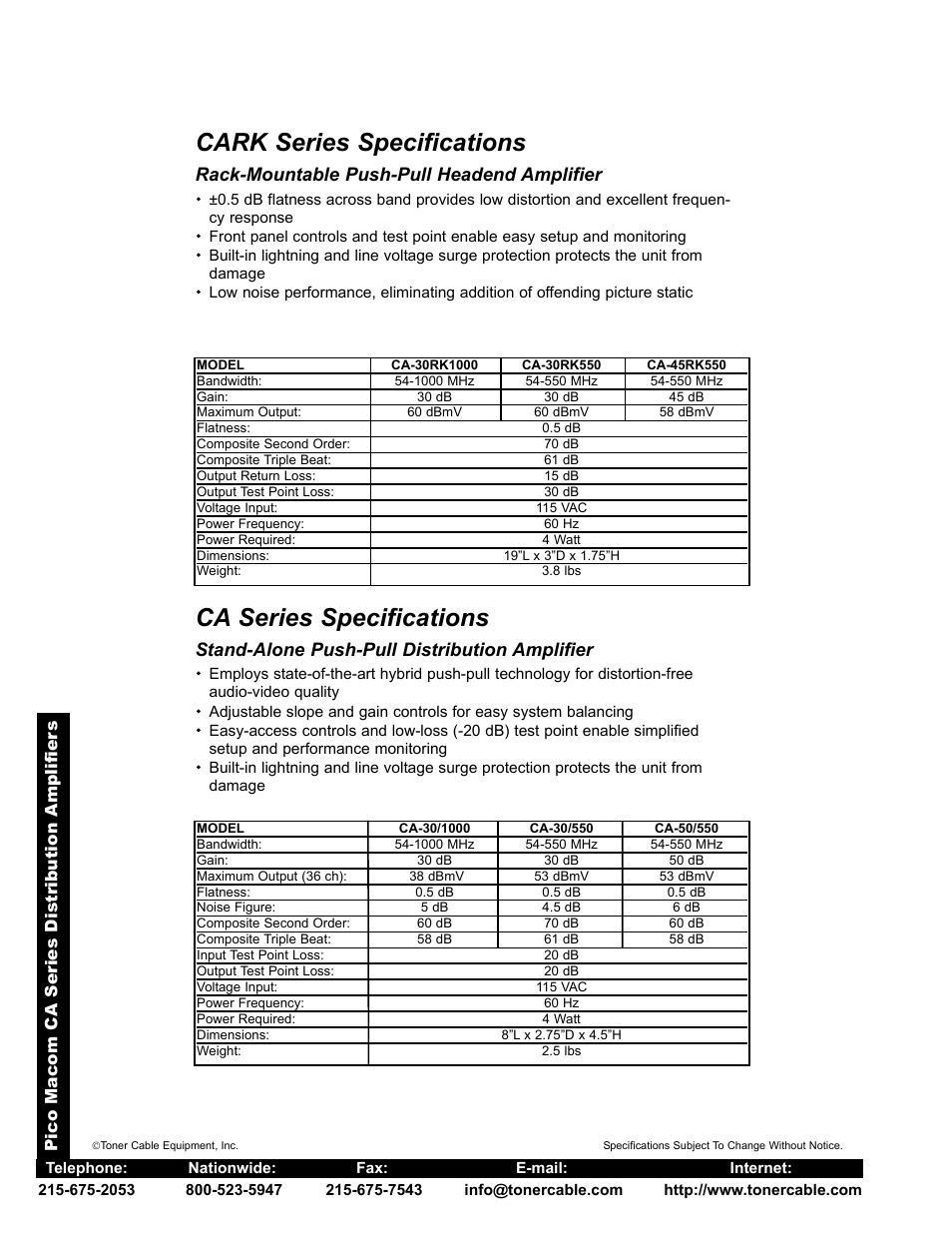 Cark series specifications, Ca series specifications, Rack-mountable push-pull headend amplifier | Stand-alone push-pull distribution amplifier | Toner Cable CA-45RK550 550 MHz Broadband Push-Pull Headend Amplifier, 45 dB Gain User Manual | Page 2 / 2