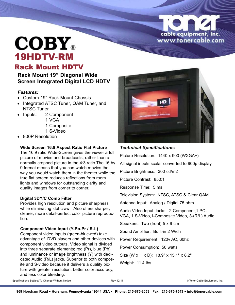 Toner Cable 19HDTV-RM Rack Mount HDTV User Manual | 1 page
