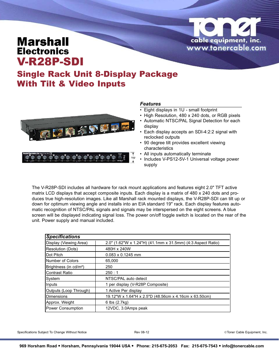 Toner Cable V-R28P-SDI Single Rack Unit 8-Display Package with Tilt & Video Inputs User Manual | 1 page