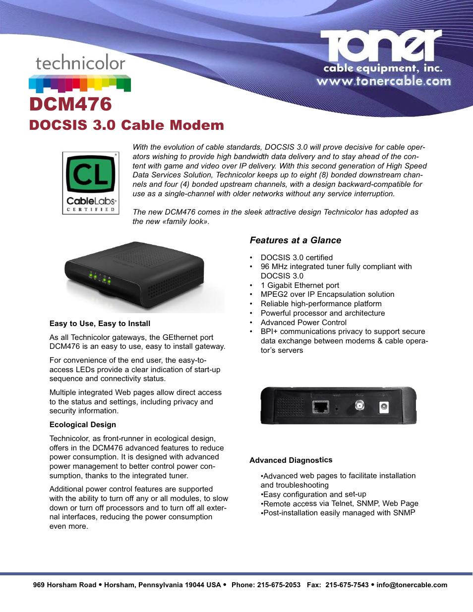 Toner Cable DCM476 DOCSIS 3.0 Cable Modem User Manual | 2 pages