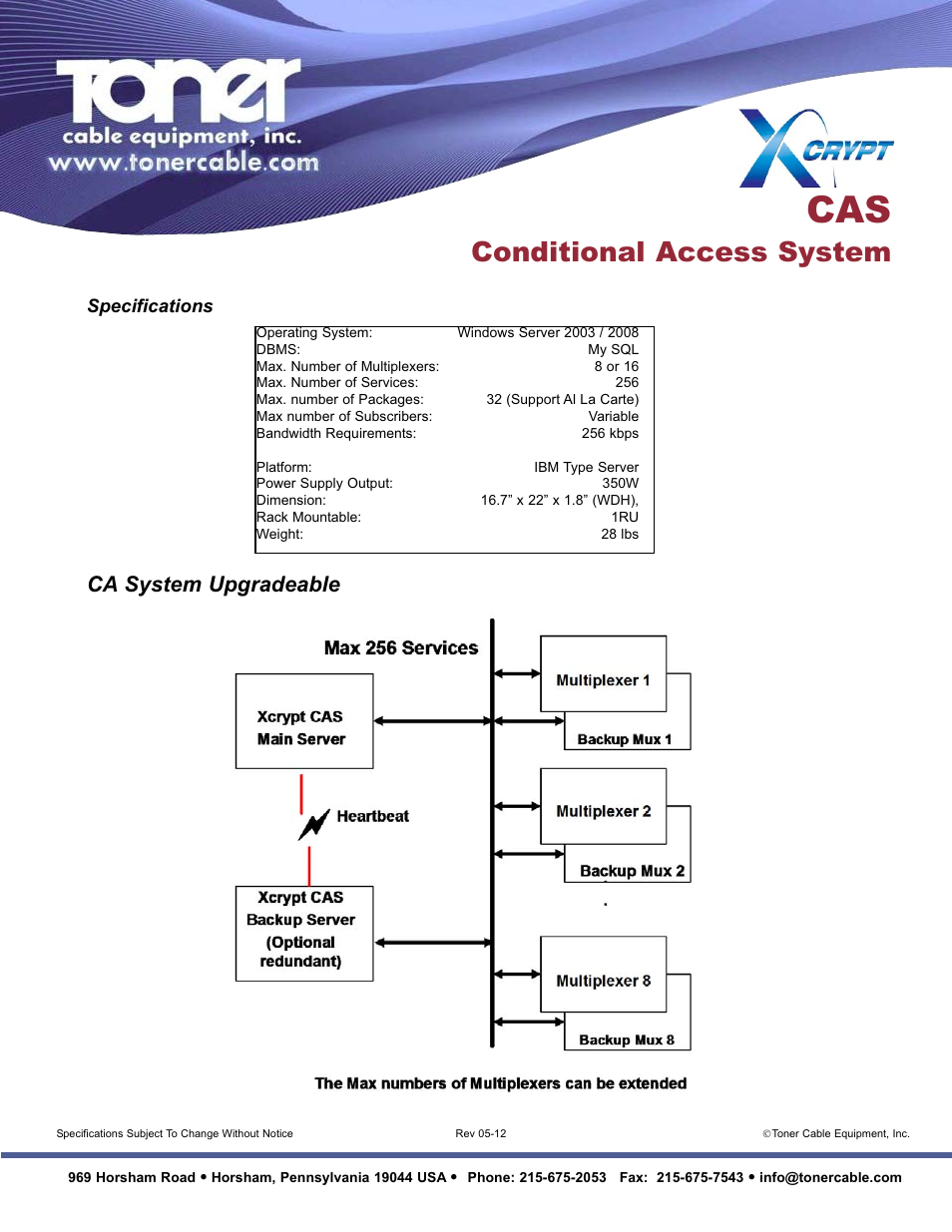 Conditional access system, Ca system upgradeable, Specifications | Toner Cable CAS Conditional Access System User Manual | Page 2 / 2