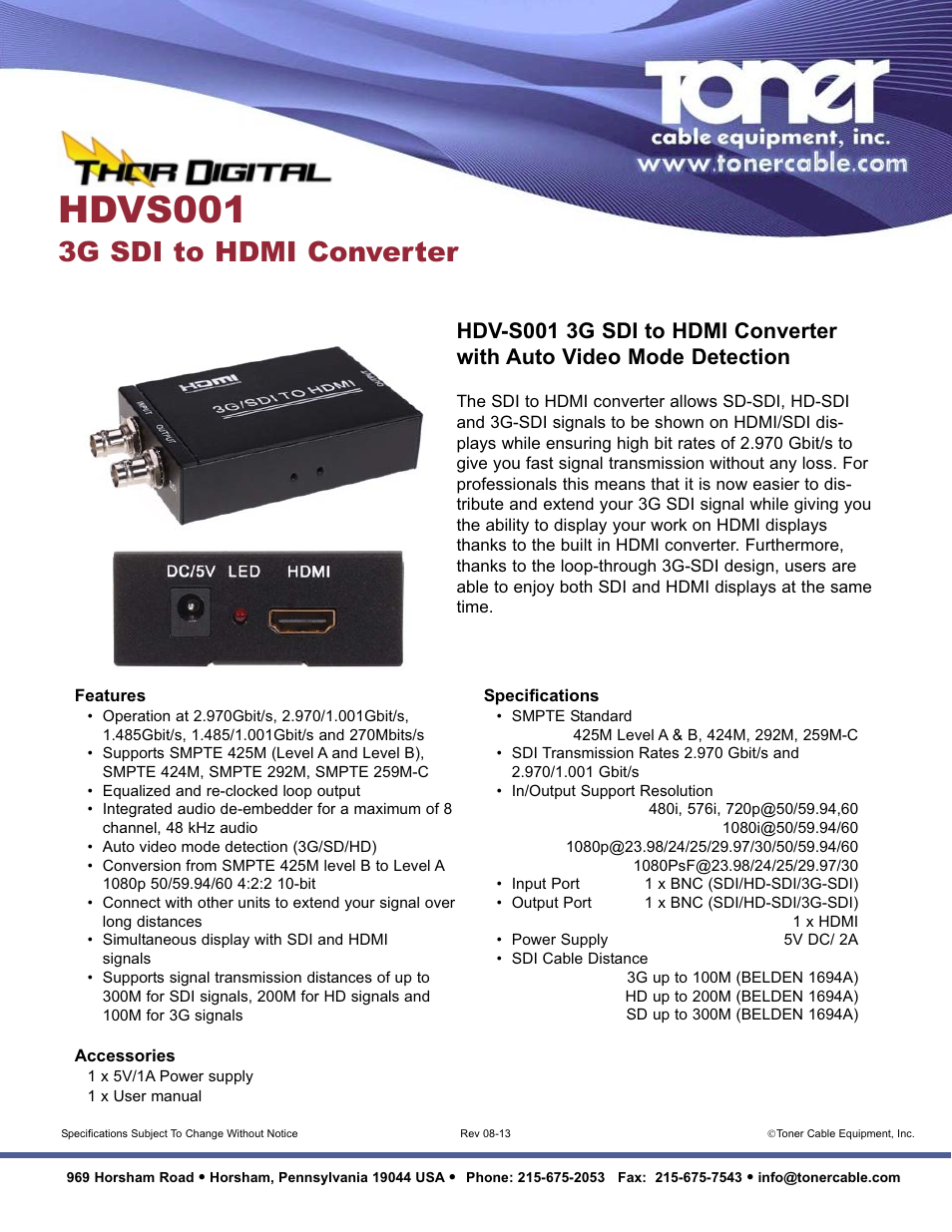 Toner Cable HDVS001 3G SDI to HDMI Converter with Auto Video Mode Detection User Manual | 1 page