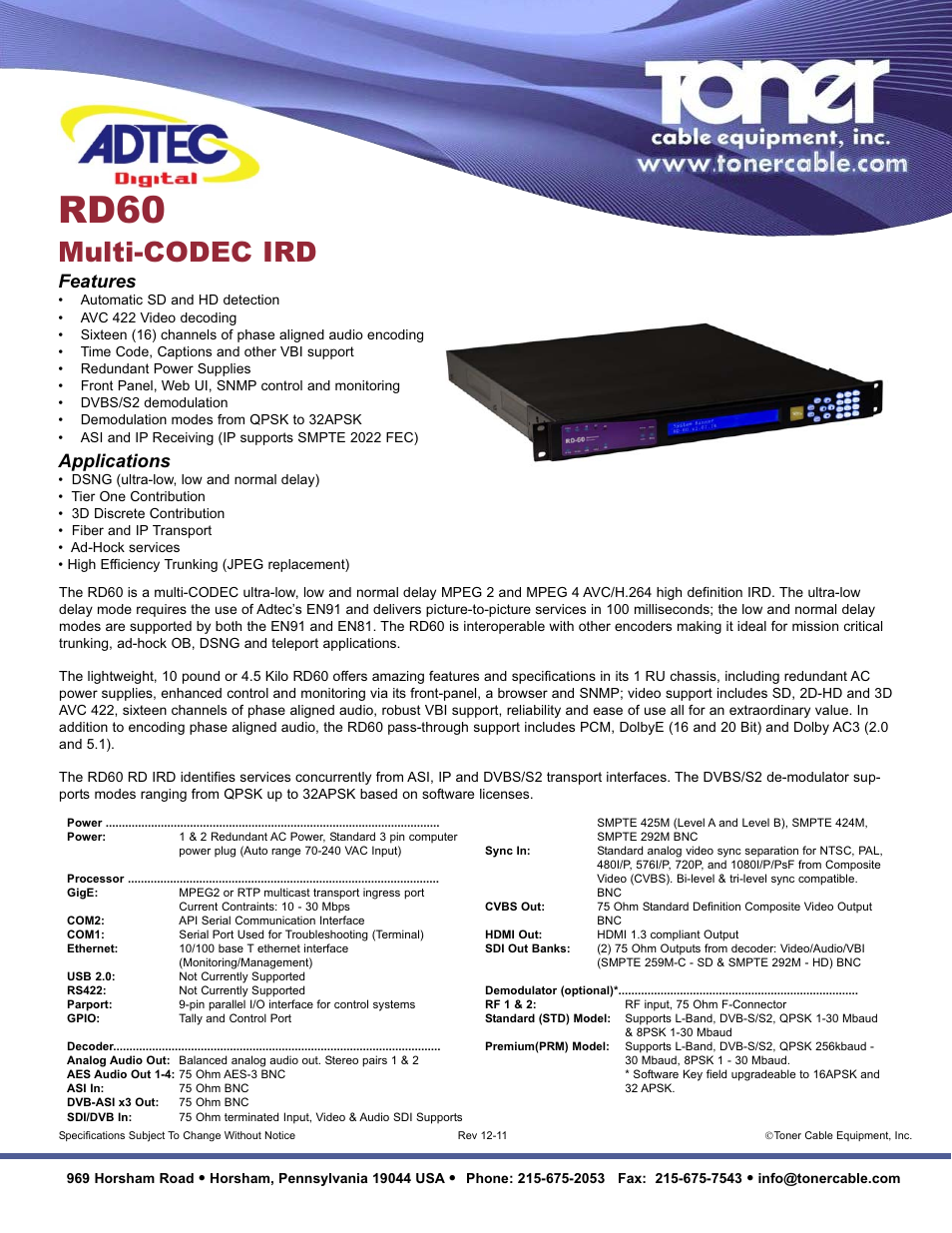Toner Cable RD60 Integrated Receiver _ Decoder User Manual | 1 page