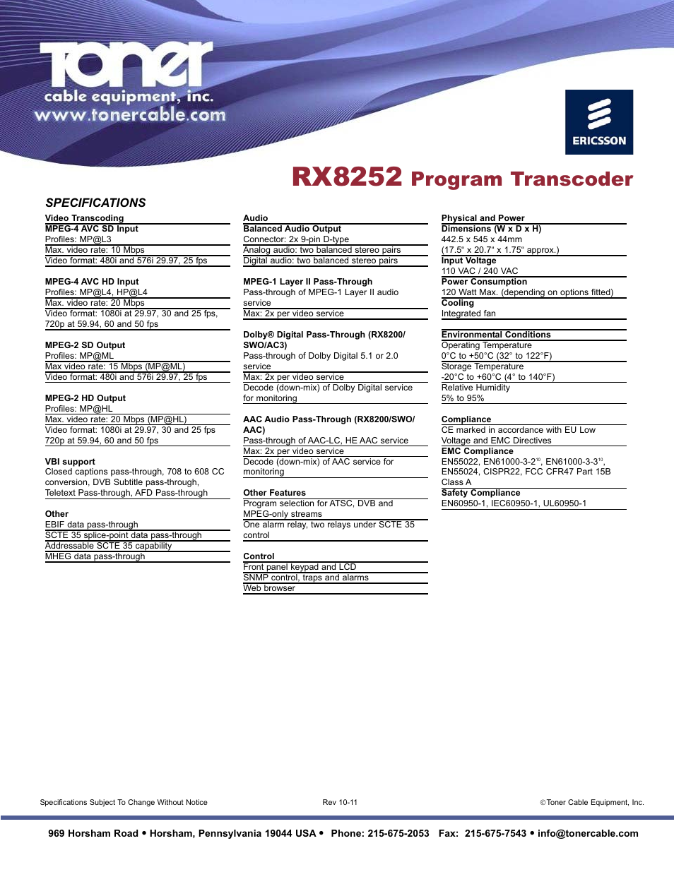 Rx8252, Program transcoder, Specifications | Toner Cable RX8252 Program Transcoder User Manual | Page 2 / 4