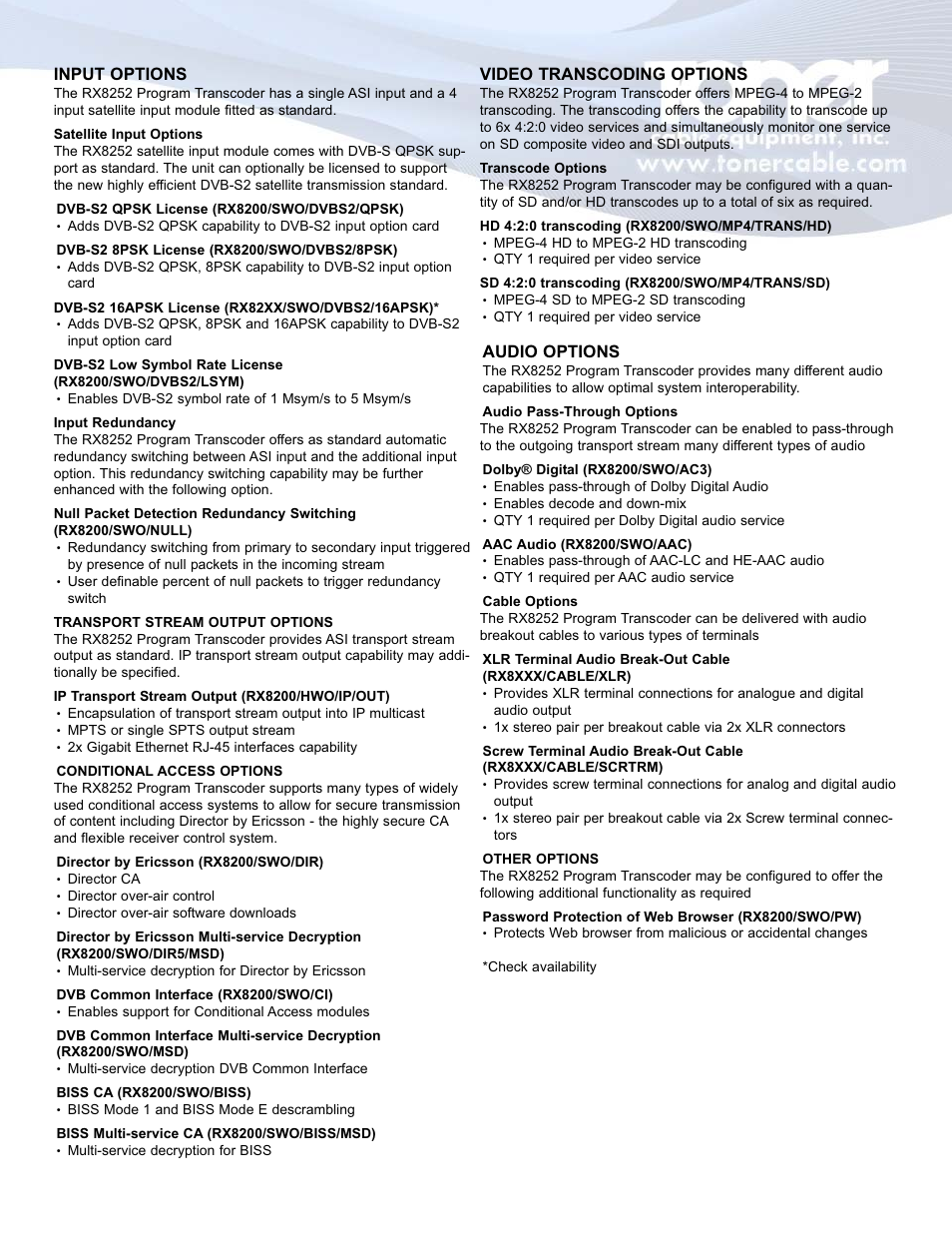 Input options, Video transcoding options, Audio options | Toner Cable RX8252 Program Transcoder User Manual | Page 3 / 4