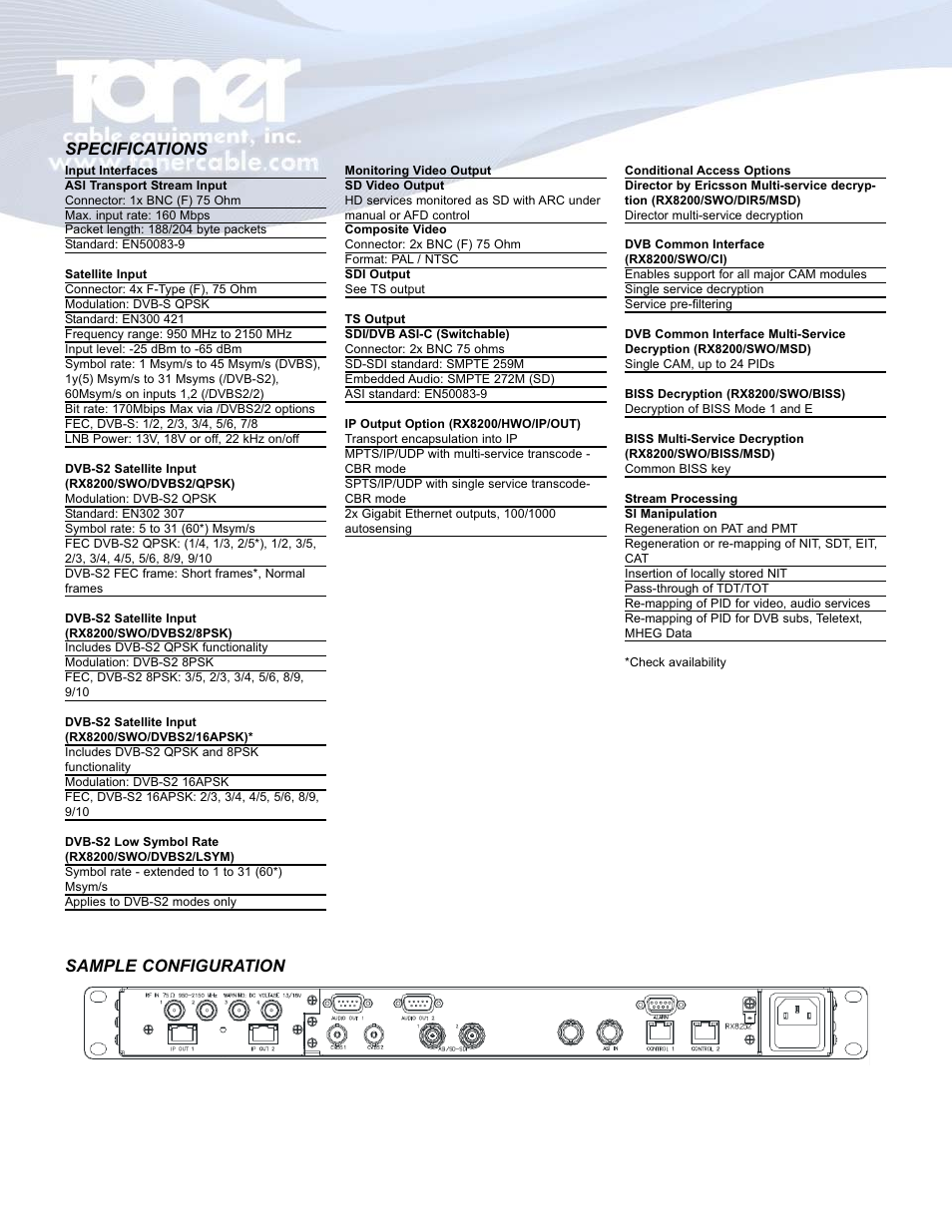 Specifications sample configuration | Toner Cable RX8252 Program Transcoder User Manual | Page 4 / 4