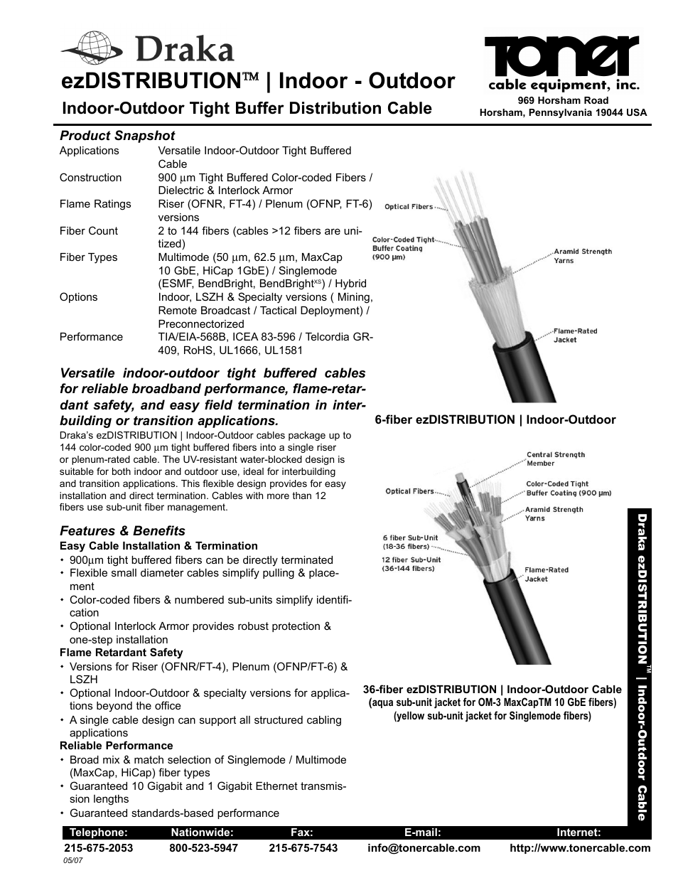 Toner Cable ezDISTRIBUTION Indoor-Outdoor Tight Buffer Distribution Cable User Manual | 2 pages