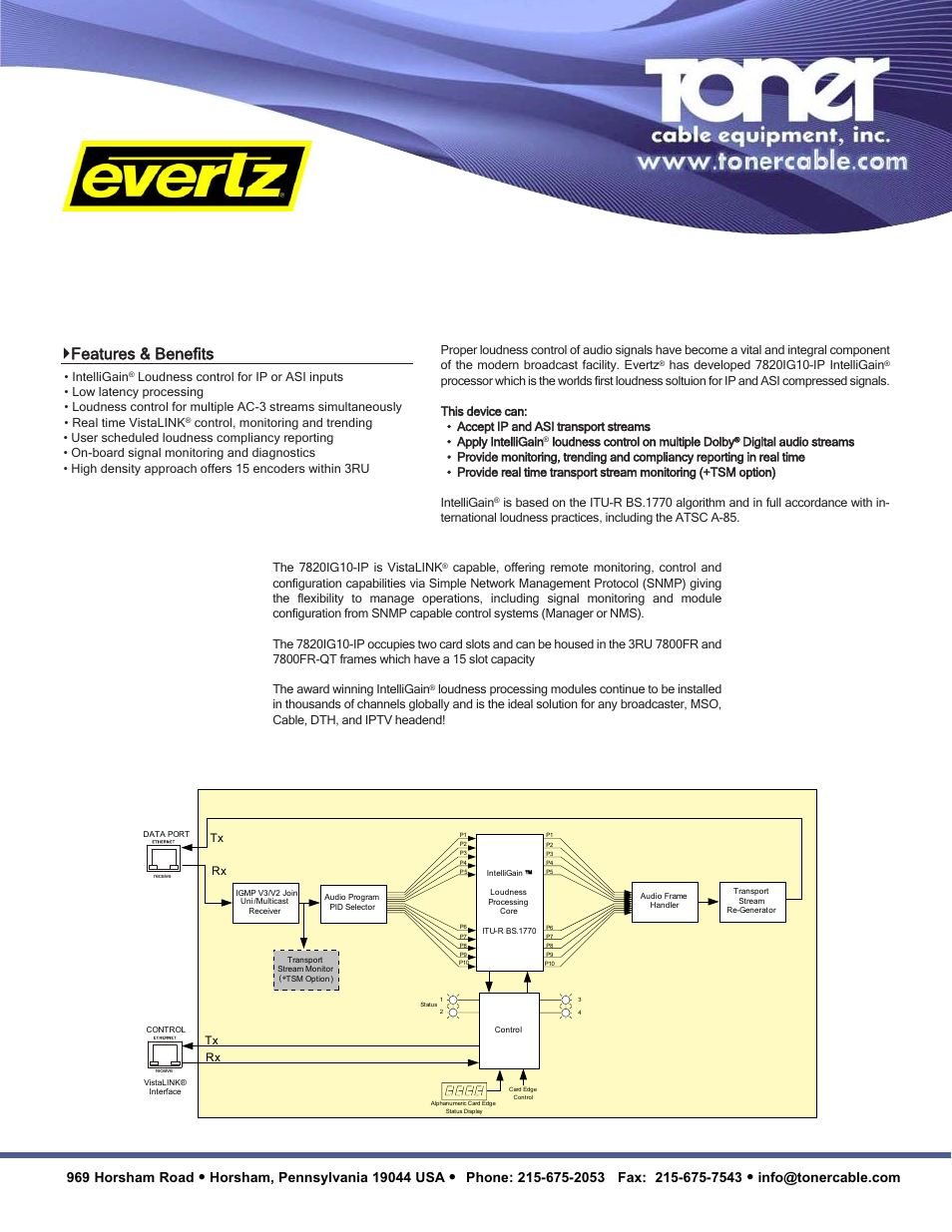 Toner Cable 7820IG10-IP IntelliGain Processor for Compressed IPTV-ASI Signals User Manual | 2 pages