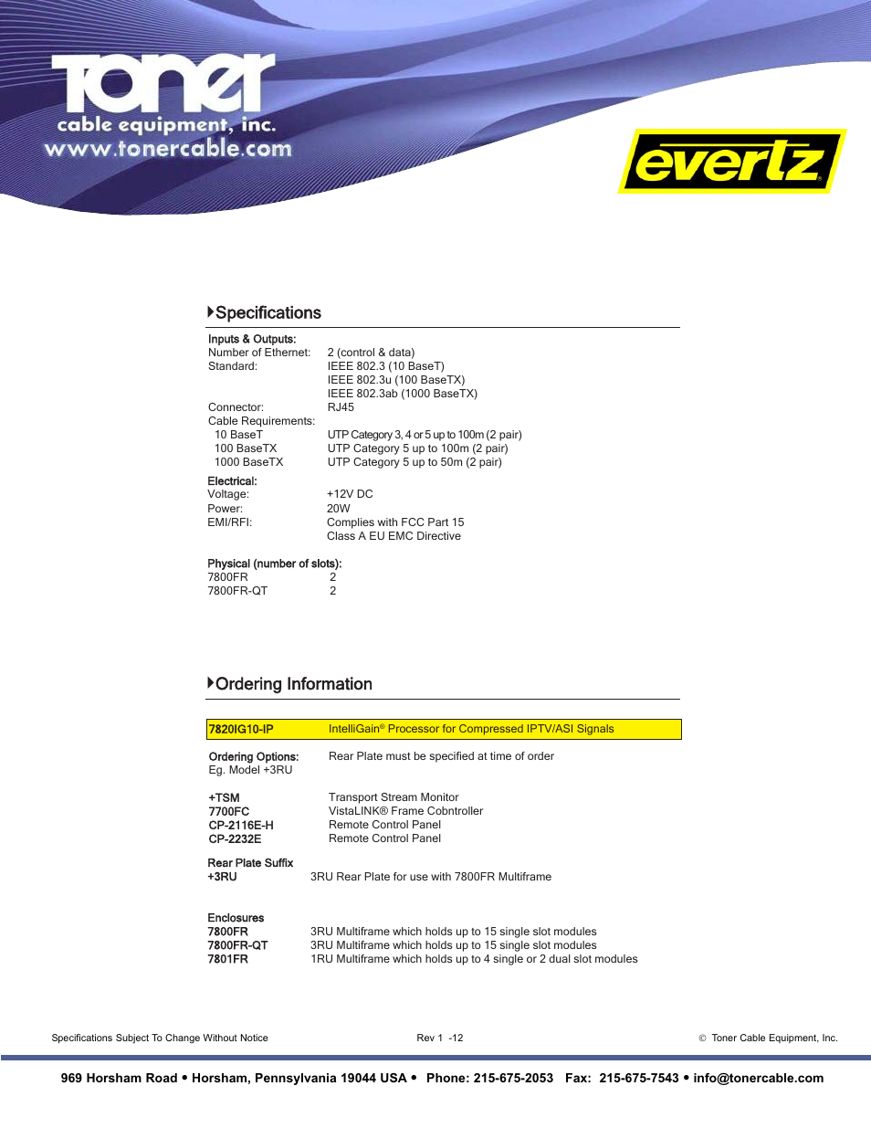 Qwhool*dlq, Ordering information, Specifications | Toner Cable 7820IG10-IP IntelliGain Processor for Compressed IPTV-ASI Signals User Manual | Page 2 / 2
