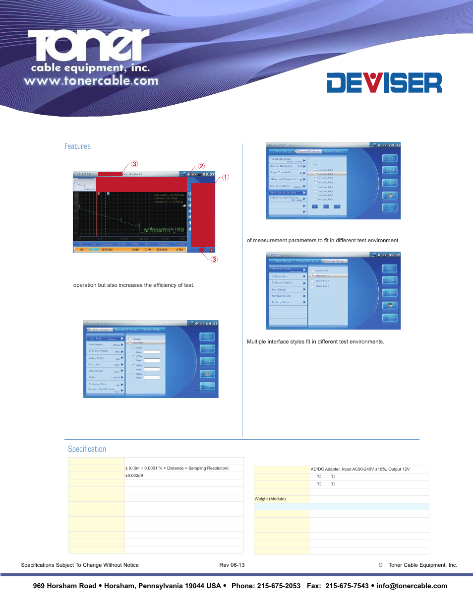 27'50rgxoh, Specification, Features | 969 horsham road | Toner Cable AE4000 OTDR Module User Manual | Page 2 / 2