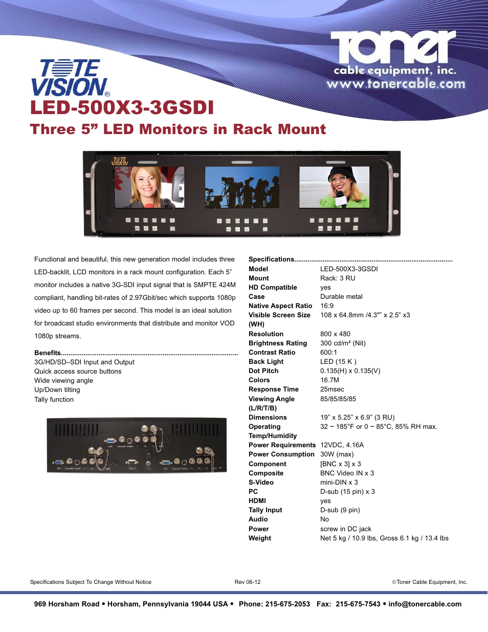 Toner Cable LED-500X3-3GSDI Three 5" LED Monitors in Rack Mount User Manual | 1 page