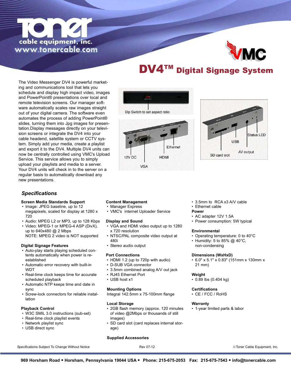 Digital signage system, Specifications | Toner Cable DV4 Digital Signage System User Manual | Page 2 / 2