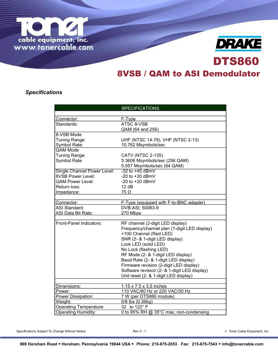 Dts860, 8vsb / qam to asi demodulator | Toner Cable DTS860 8VSB _ QAM to ASI Demodulator User Manual | Page 2 / 2