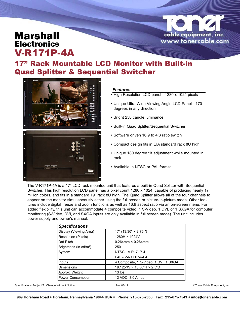 Toner Cable V-R171P-4A 17" Rack Mountable LCD Monitor with Built-In Quad Splitter & Sequential Switcher User Manual | 1 page
