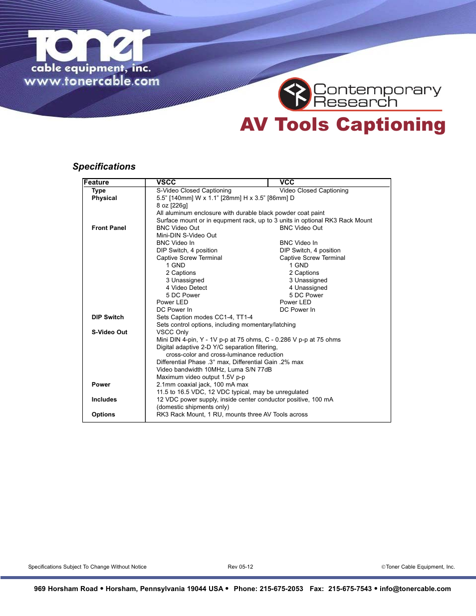 Av tools captioning, Specifications | Toner Cable VSCC S-Video Closed Caption Decoder User Manual | Page 2 / 2