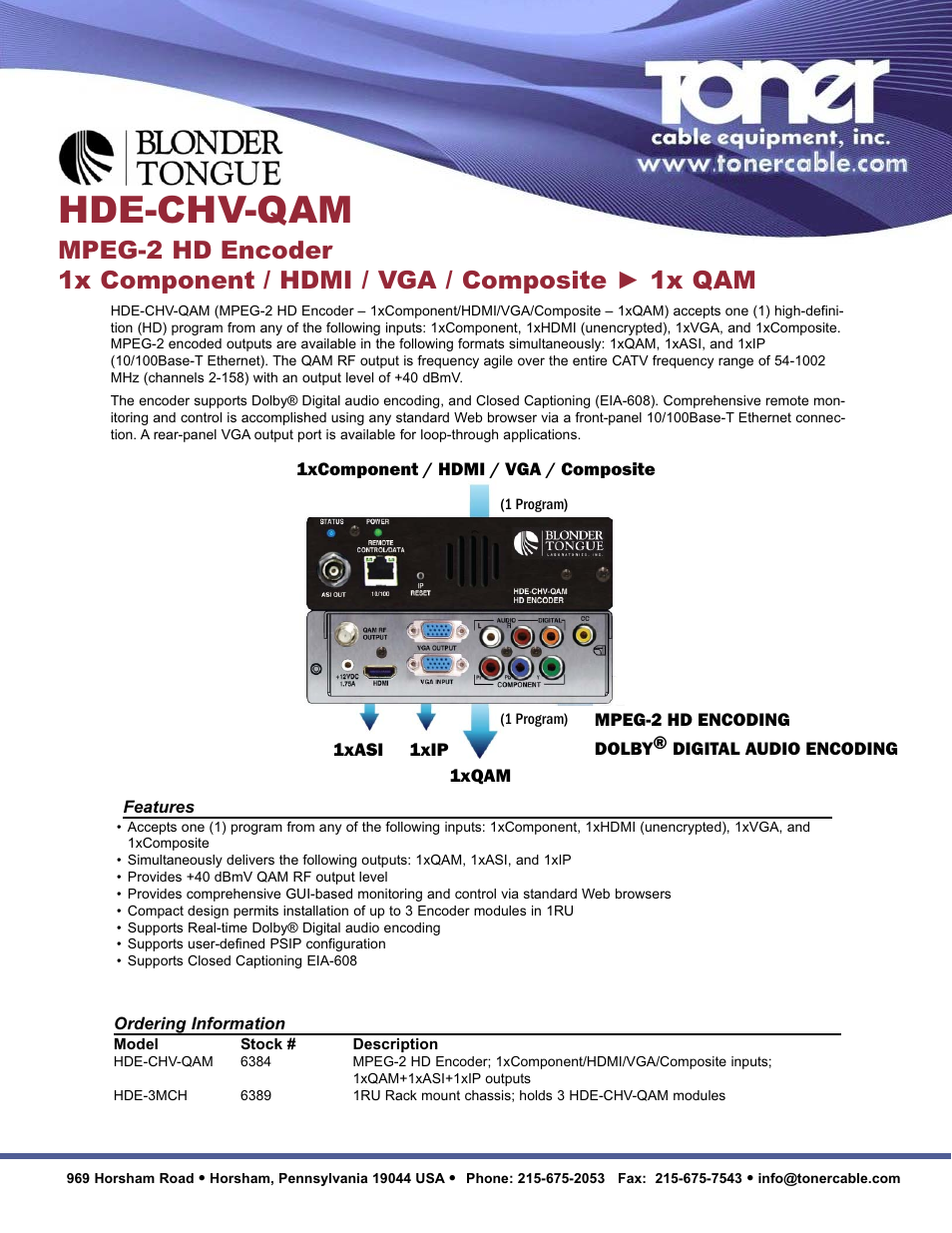 Toner Cable HDE-CHV-QAM MPEG-2 HD Encoder 1x Component _ HDMI _ VGA _ Composite - 1x QAM User Manual | 2 pages
