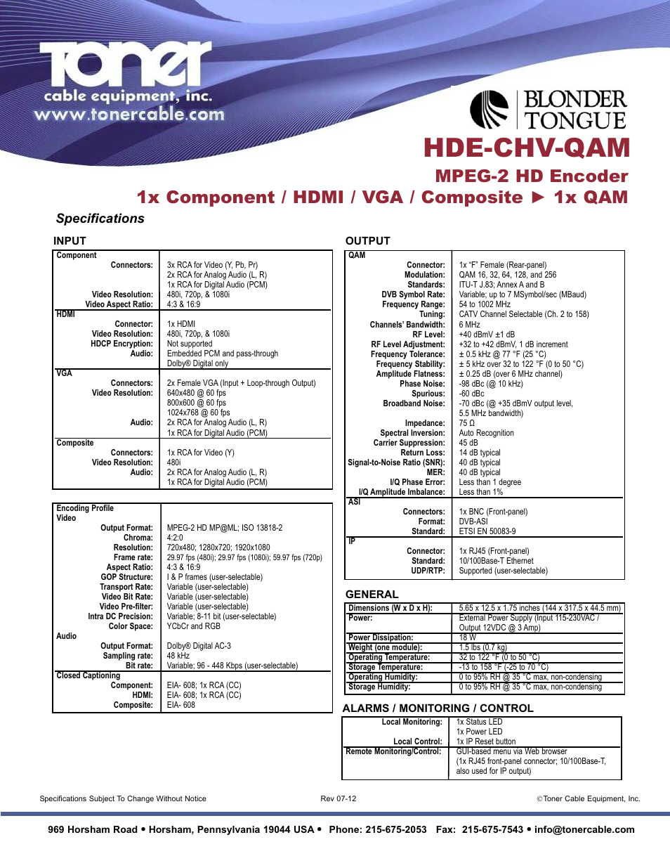 Hde-c h v-qam, Specifications | Toner Cable HDE-CHV-QAM MPEG-2 HD Encoder 1x Component _ HDMI _ VGA _ Composite - 1x QAM User Manual | Page 2 / 2