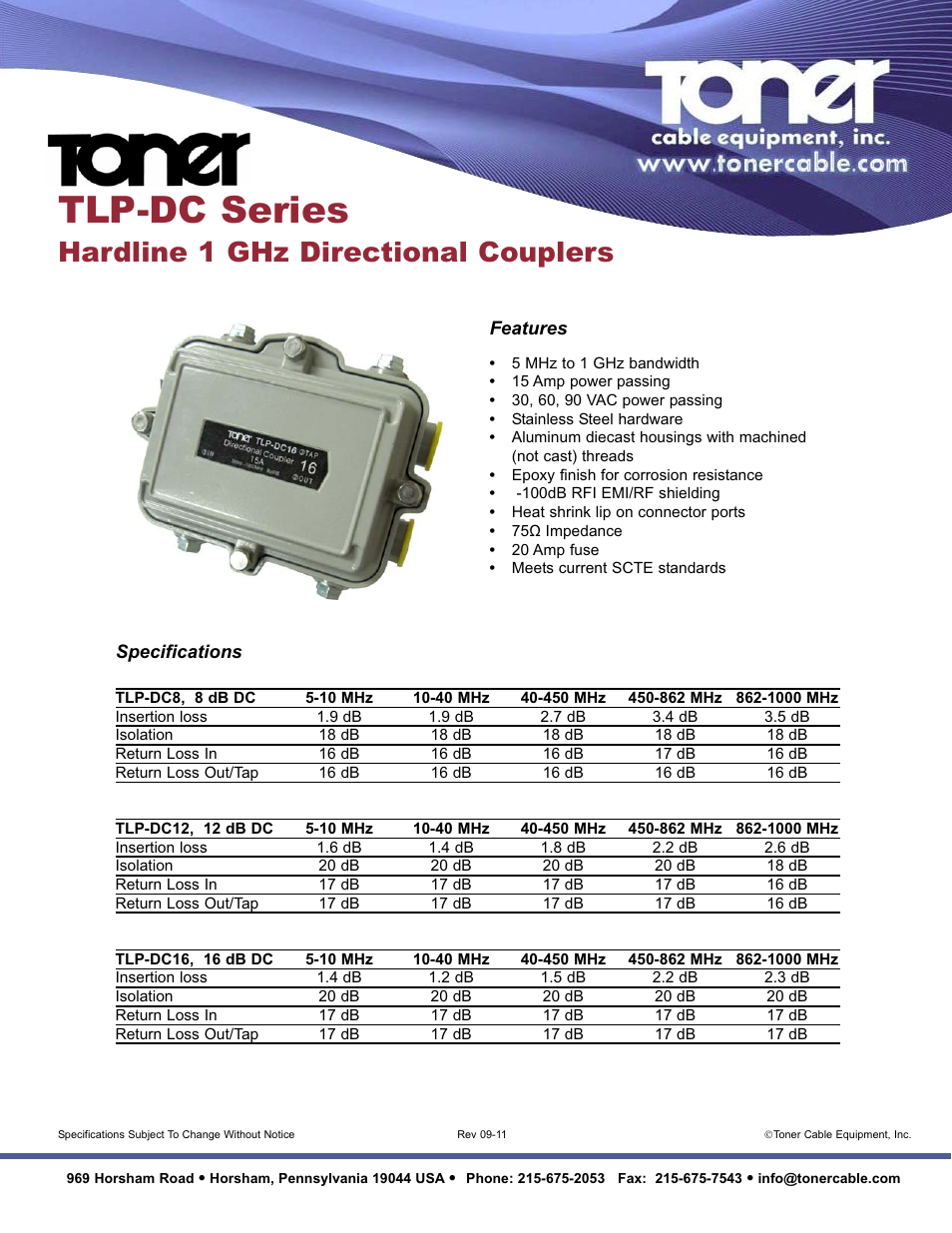 Toner Cable TLP-DC Series Hardline 1 GHz Directional Couplers User Manual | 1 page