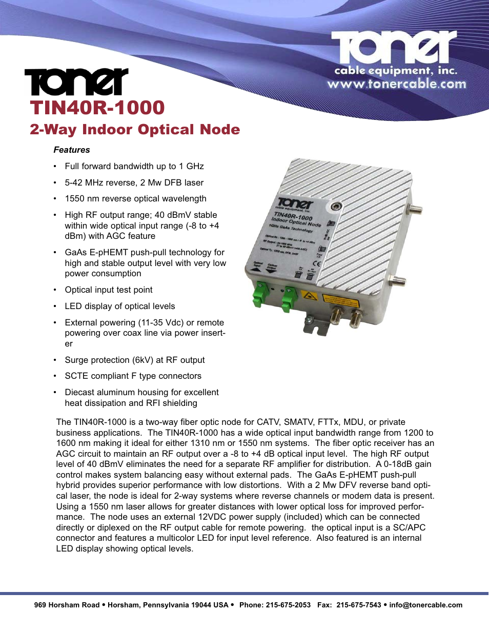 Toner Cable TIN40R-1000 2-Way Indoor Optical Node User Manual | 2 pages