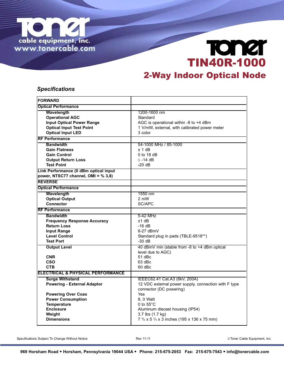 Way indoor optical node, Specifications | Toner Cable TIN40R-1000 2-Way Indoor Optical Node User Manual | Page 2 / 2