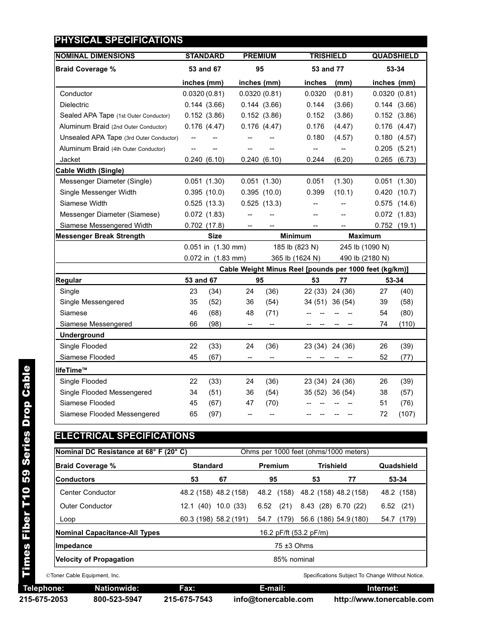 Times fiber t10 59 series dr op ca ble, Physical specifications, Electrical specifications | Toner Cable RG59 Drop Cable T10 Drop Cable User Manual | Page 2 / 2