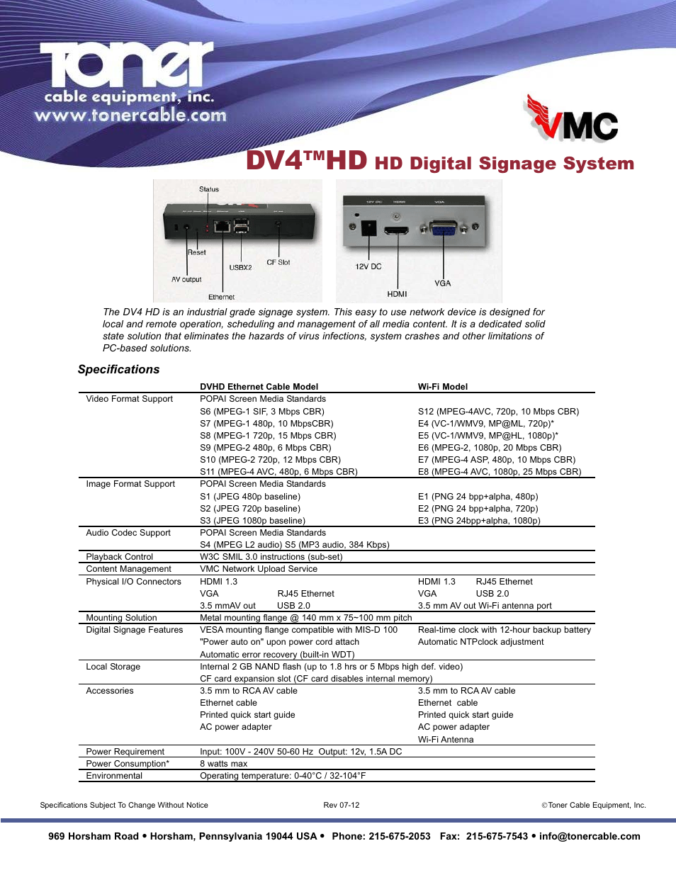 Hd digital signage system, Specifications | Toner Cable DV4 HD HD Digital Signage System User Manual | Page 2 / 2