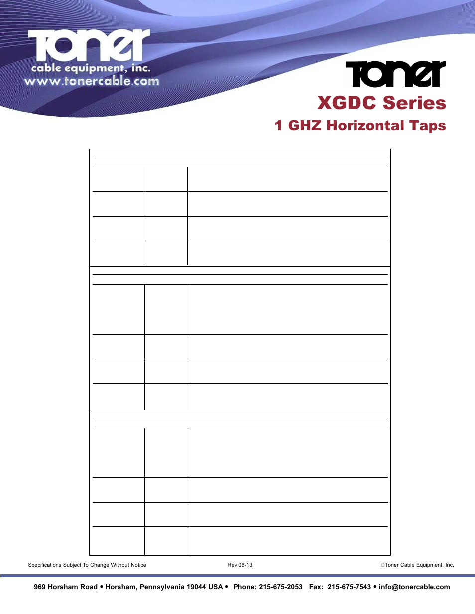 Xgdc series, 1 ghz horizontal taps, 969 horsham road | Toner Cable XGDC One Port Horizontal Taps User Manual | Page 2 / 2