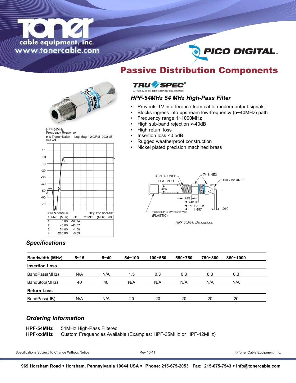 Passive distribution components, Hpf-54mhz 54 mhz high-pass filter, Ordering information | Specifications | Toner Cable HPF-54MHz 54 MHz High-Pass Filter User Manual | Page 2 / 2