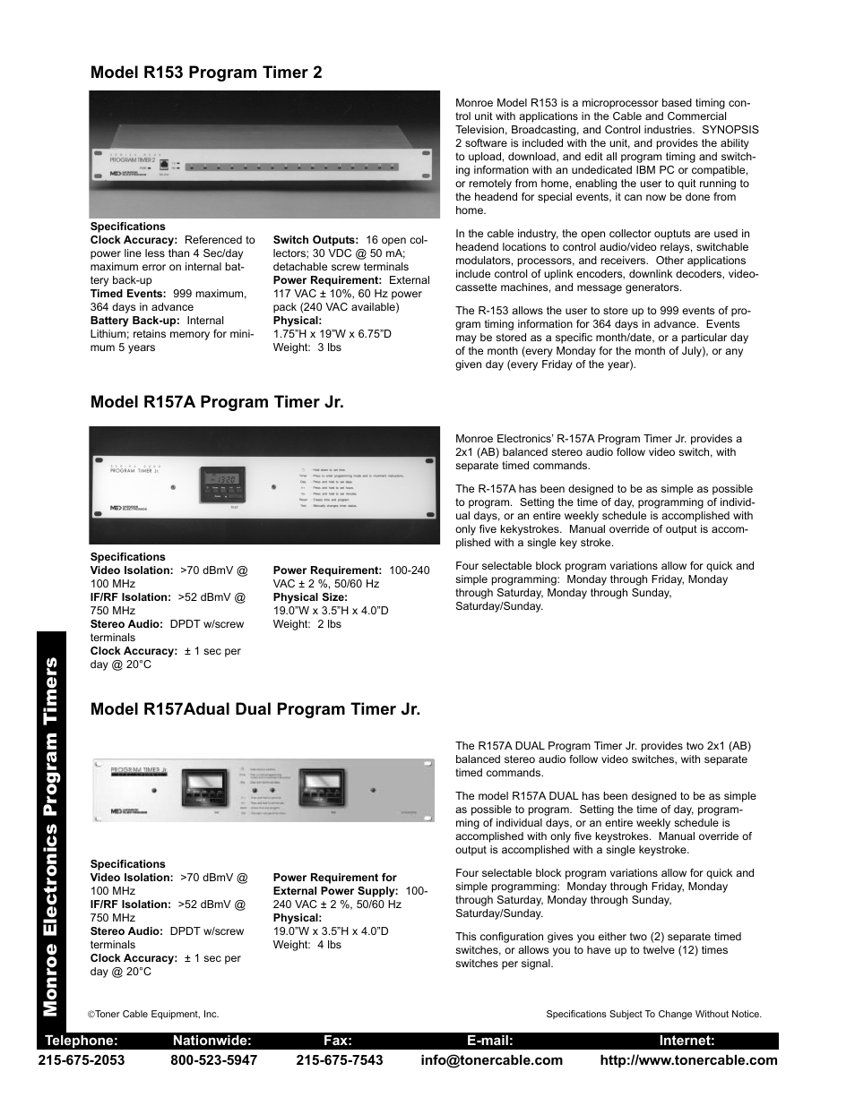 Monr oe electr onics pr og ram timer s, Model r153 program timer 2, Model r157a program timer jr | Model r157adual dual program timer jr | Toner Cable 631A Program Timer Jr User Manual | Page 2 / 2