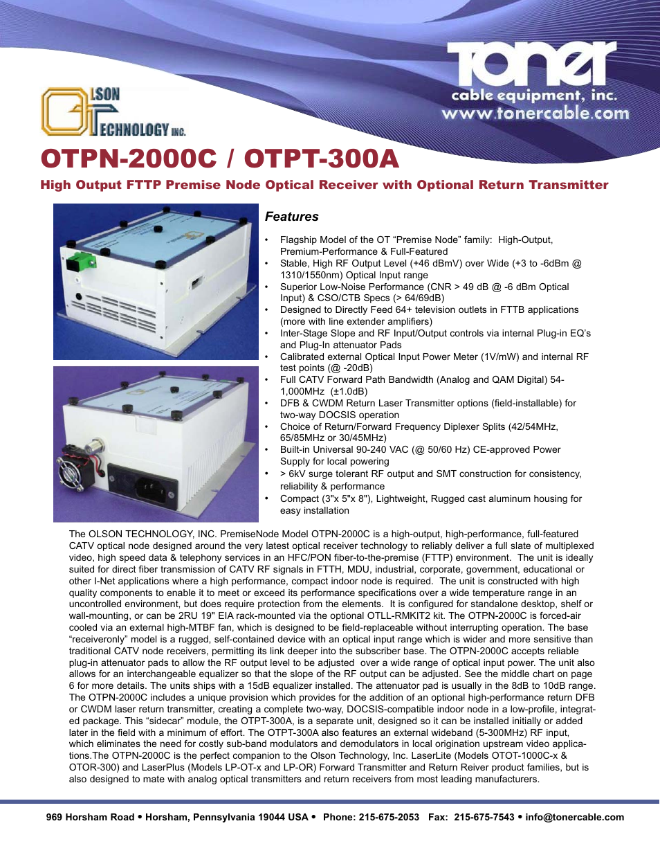 Toner Cable OTPN-2000C FTTP PremiseNode Forward Optical Receiver User Manual | 2 pages