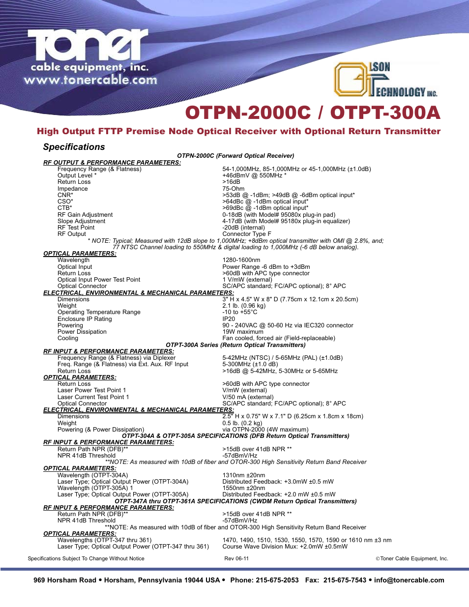 Specifications | Toner Cable OTPN-2000C FTTP PremiseNode Forward Optical Receiver User Manual | Page 2 / 2