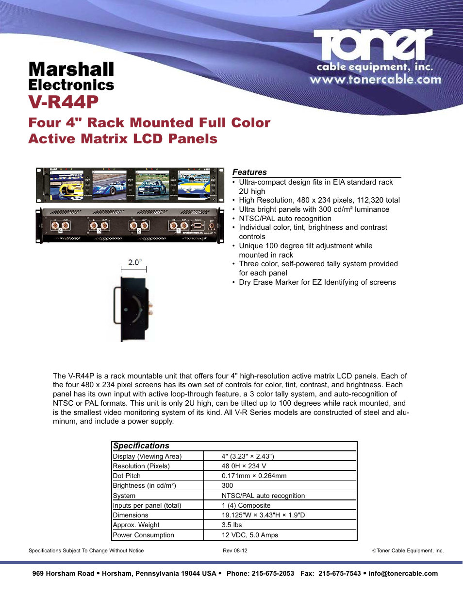 Toner Cable V-R44P Four 4" Rack Mounted Full Color Active Matrix LCD Panels User Manual | 1 page