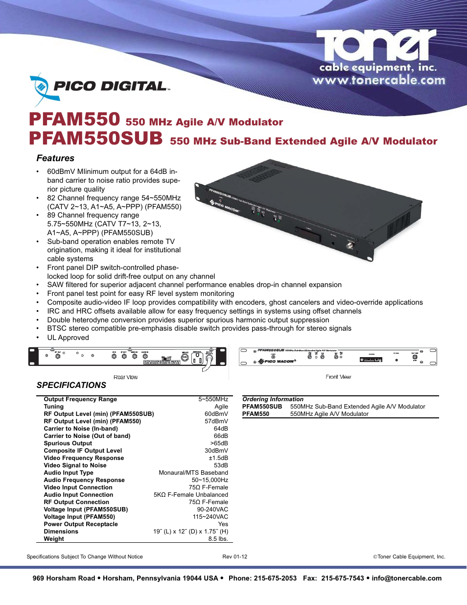 Toner Cable PFAM550SUB 550 MHz Sub-Band Extended Agile A-V Modulator User Manual | 1 page