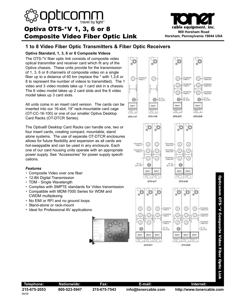 Toner Cable OTS-1V, 3V, 6V or 8V Composite Video Fiber Optic Link User Manual | 2 pages