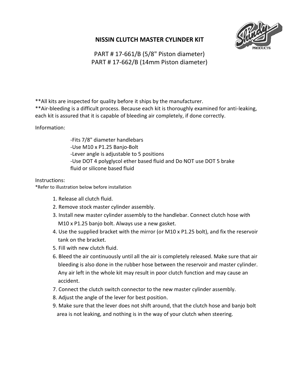 Shindy 17-662_B Clutch Master Cylinder Kits User Manual | 2 pages