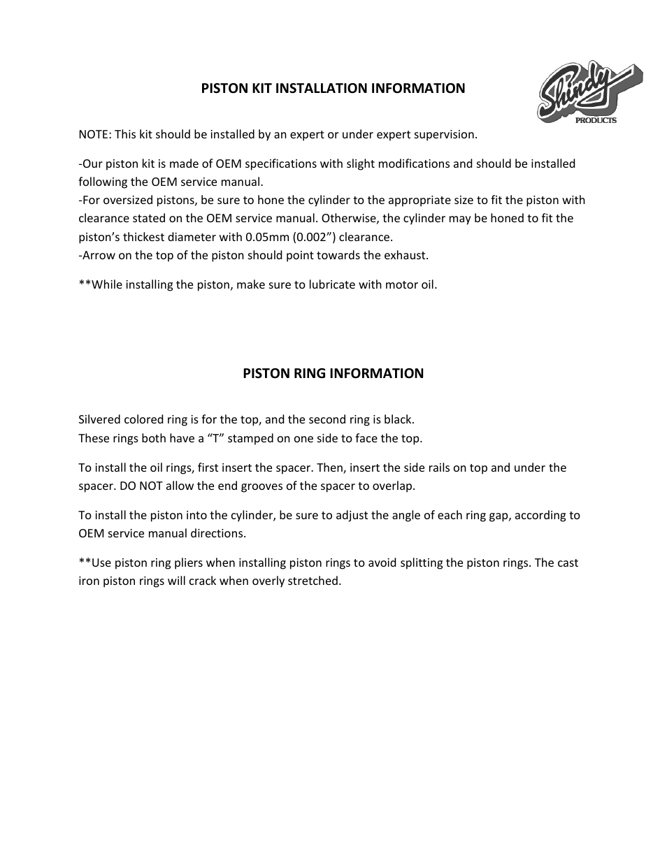 Shindy Piston Kits User Manual | 2 pages