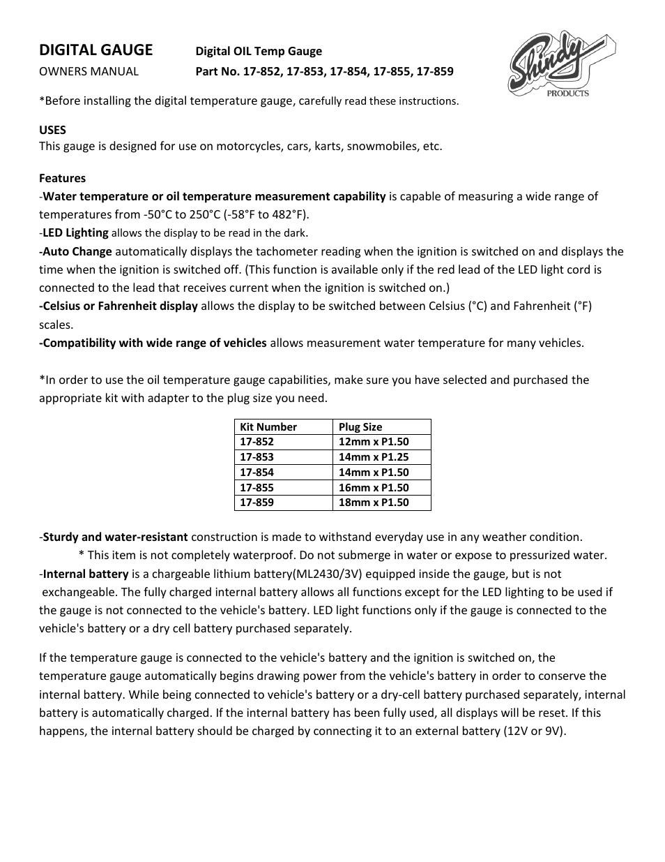 Shindy 17-859 Oil Temperature Gauges User Manual | 5 pages