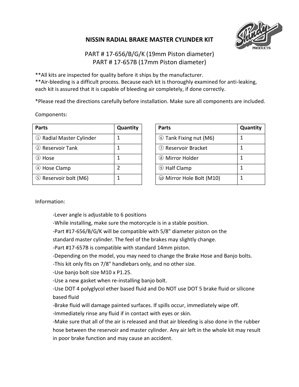 Shindy 17-657B Radial Brake Master Cylinder Kits User Manual | 2 pages