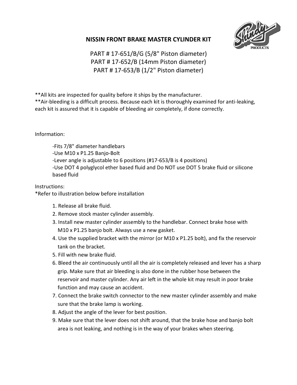 Shindy 17-653_B Brake Master Cylinder Kits User Manual | 2 pages