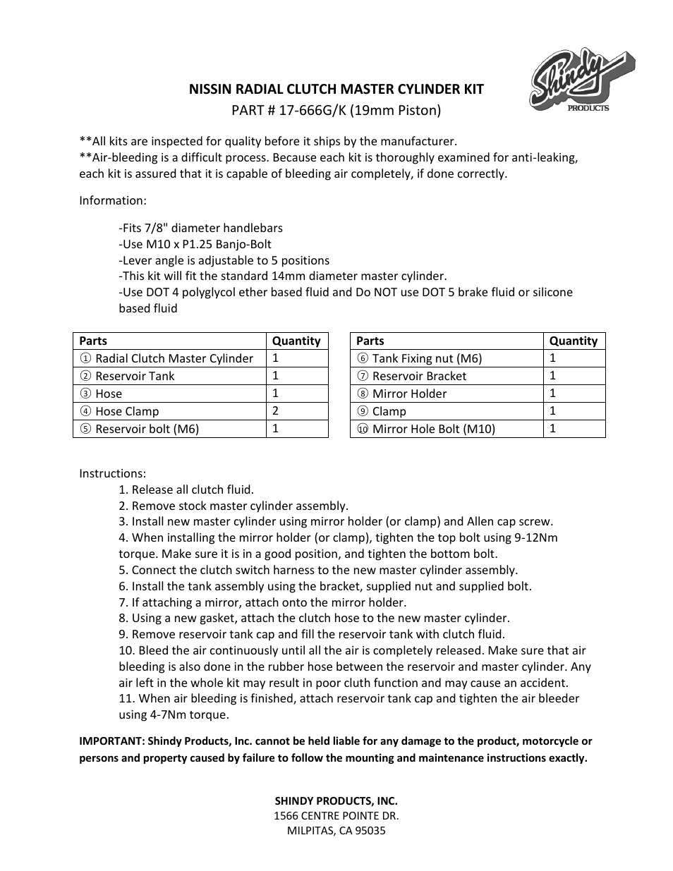 Shindy 17-666G_K Radial Clutch Master Cylinder Kits User Manual | 1 page