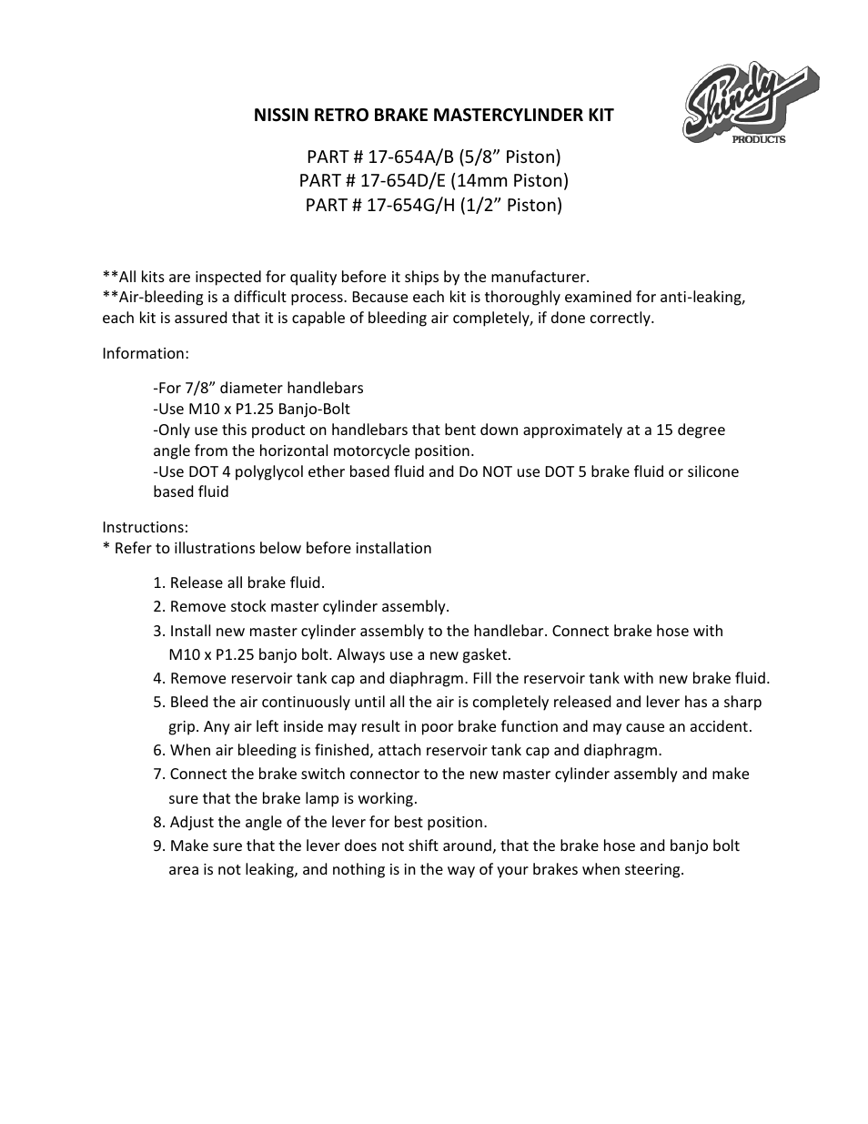 Shindy 17-654A_B_D_E_G_H Retro Master Cylinder Kits User Manual | 2 pages