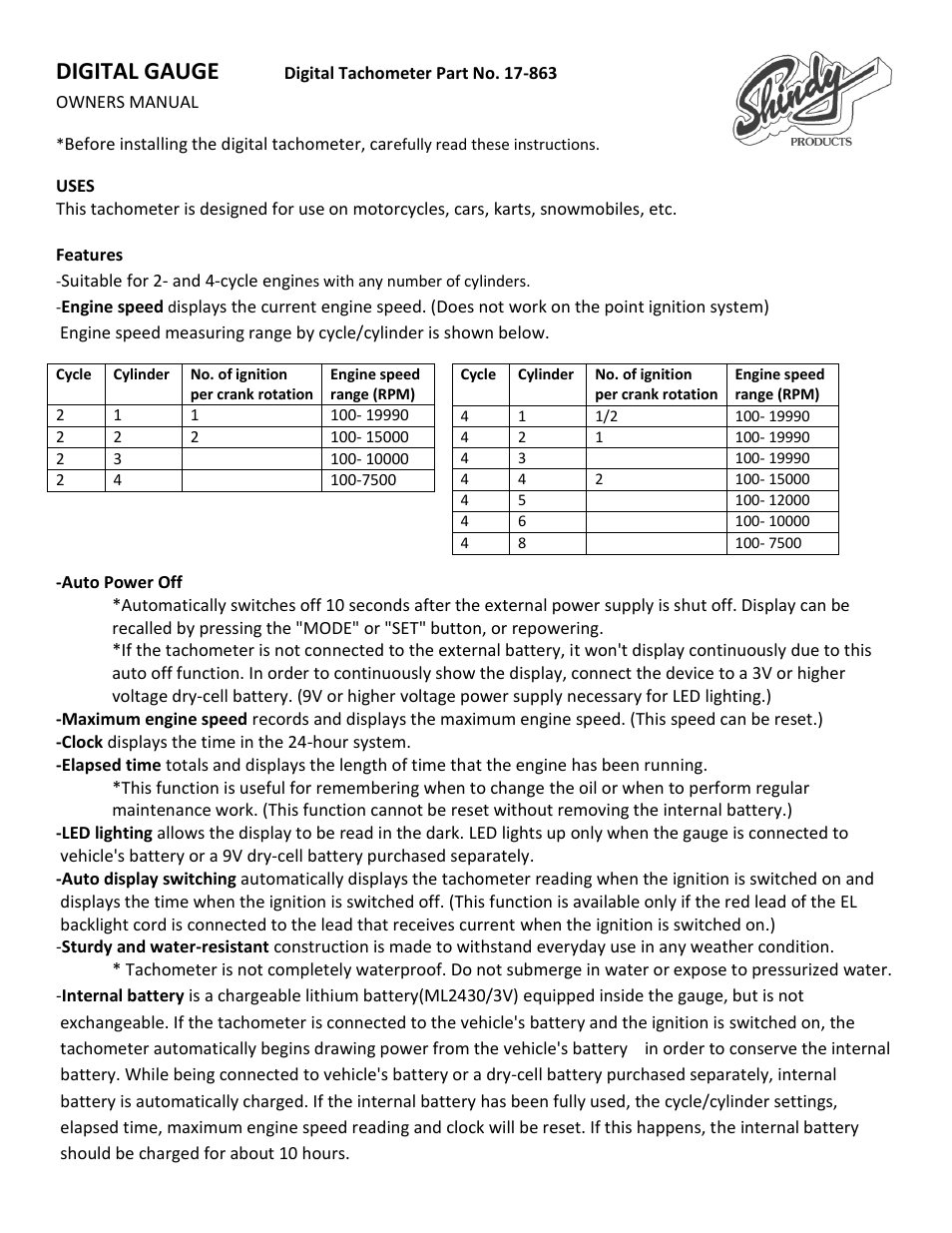 Shindy 17-863 Digital Tachometer User Manual | 4 pages