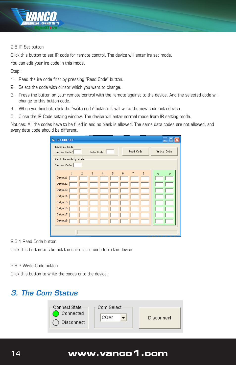 The com status | VANCO VPW-280759 User Manual | Page 14 / 32